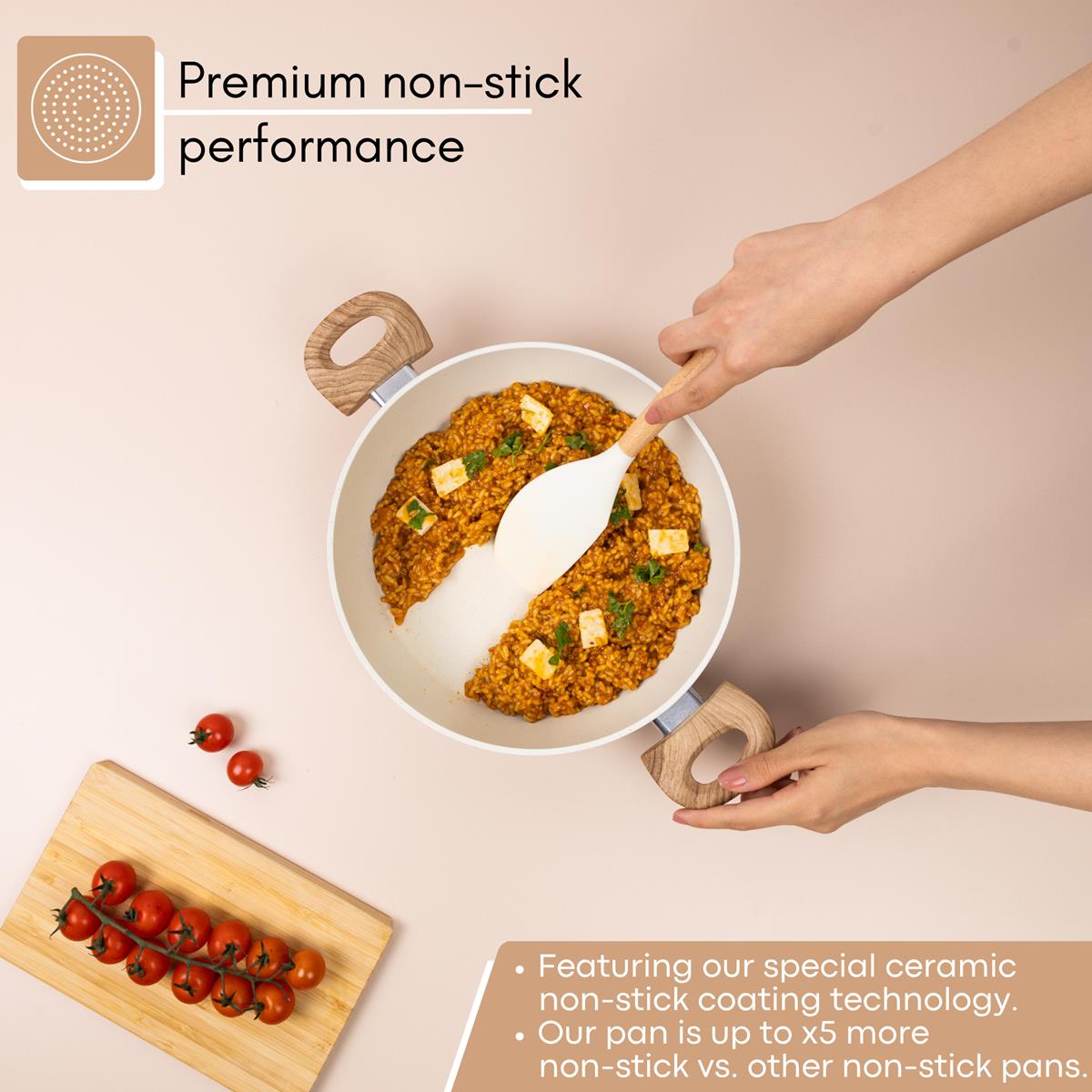 Cream granite casserole pot with ceramic coating for premium non-stick performance. 