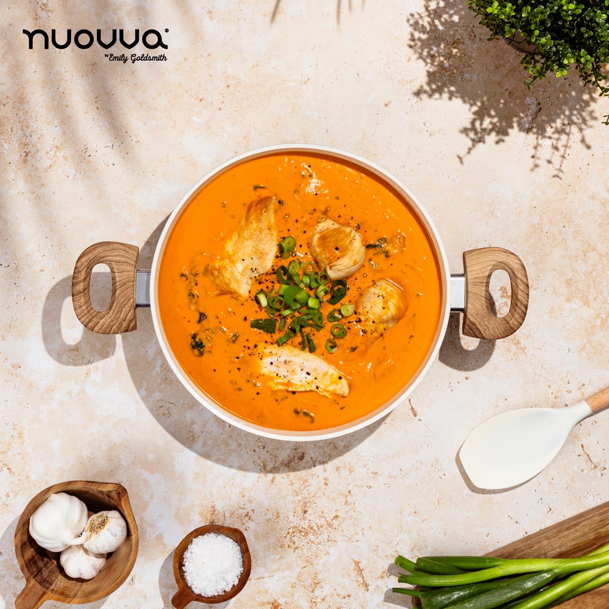 nuovva cream casserole pot with wooden handles and silicon utensil for easy home cooking