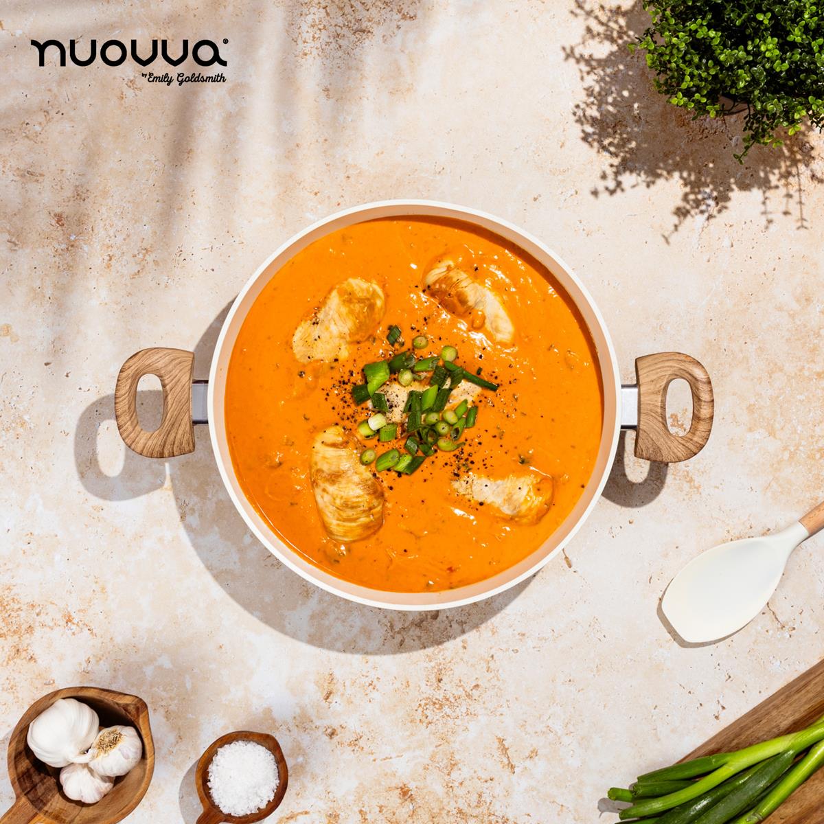 nuovva cream shallow casserole pot with wooden handles for easy home cooking 