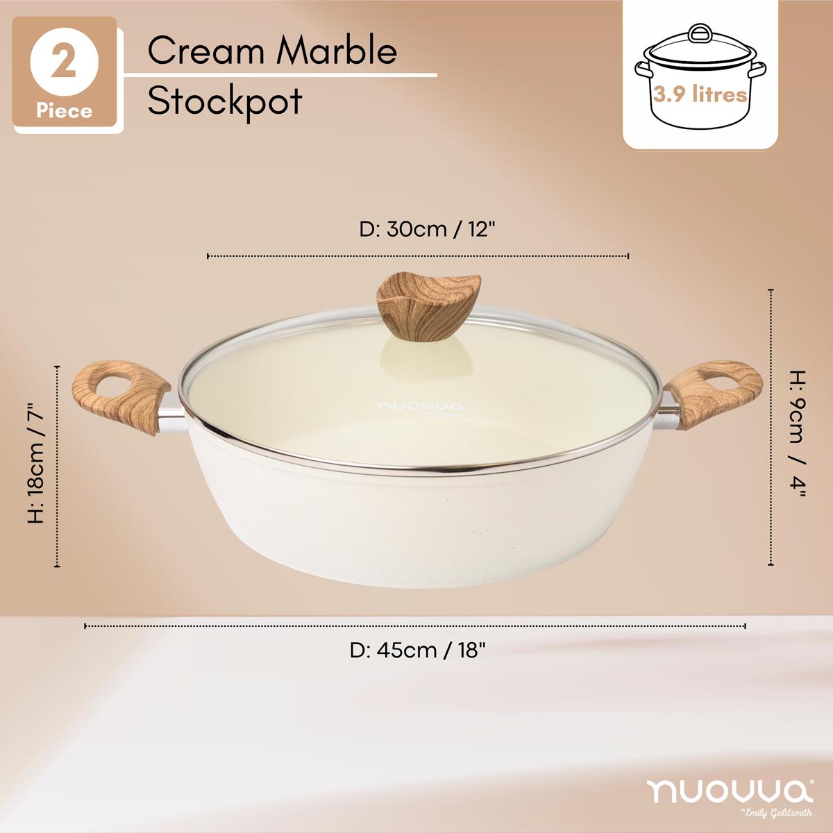 2pcs cream marble stockpot with glass lid - 30cm across and 3.9 liters in capacity
