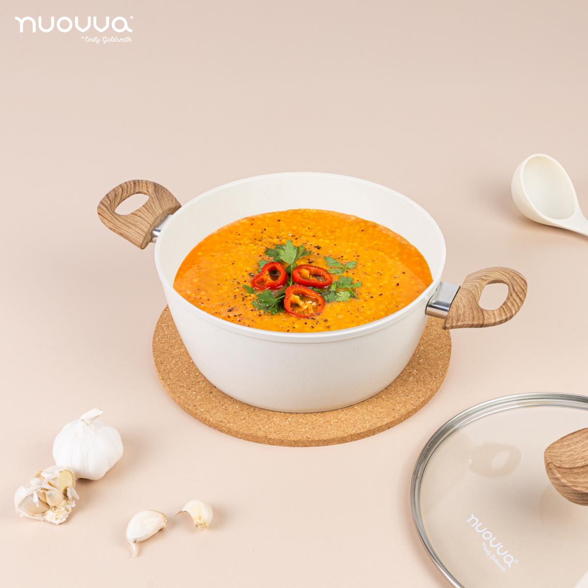 Nuovva cream cooking pot with wooden handles and glass lid. 