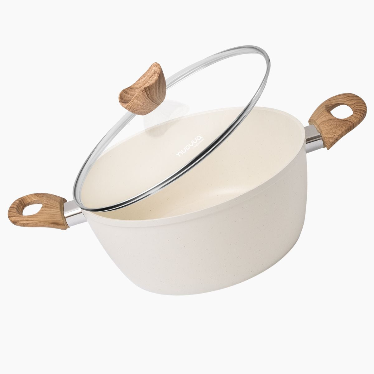 Cream stockpot with glass lid and wooden handles