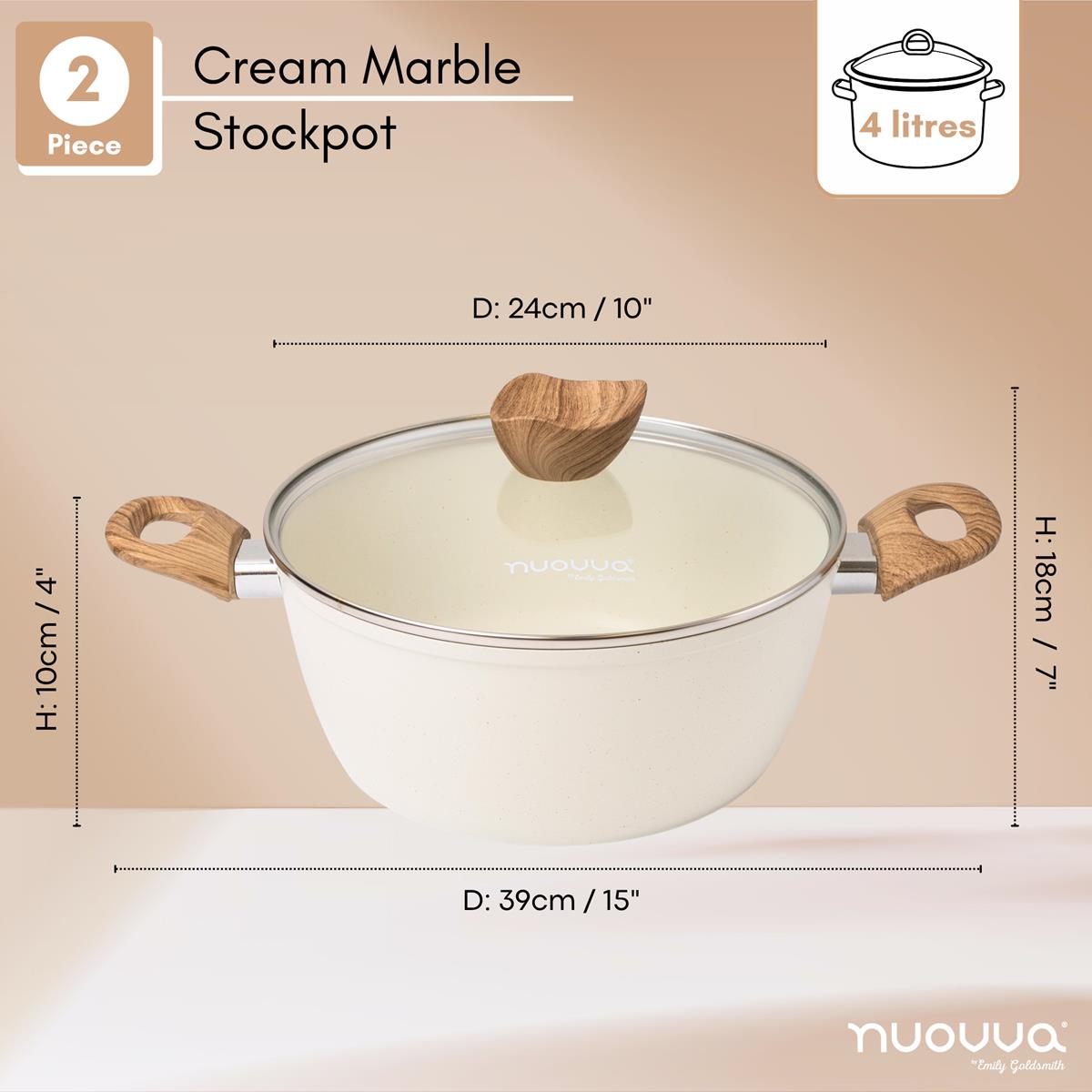 2pcs Cream marble stockpot with wooden handles and lid knob, featuring dimensions including 4L capacity, 24cm across and 10cm in height
