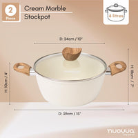 2pcs Cream marble stockpot with wooden handles and lid knob, featuring dimensions including 4L capacity, 24cm across and 10cm in height