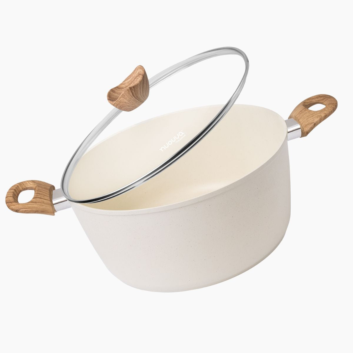 Cream stockpot with glass lid and wooden handles.
