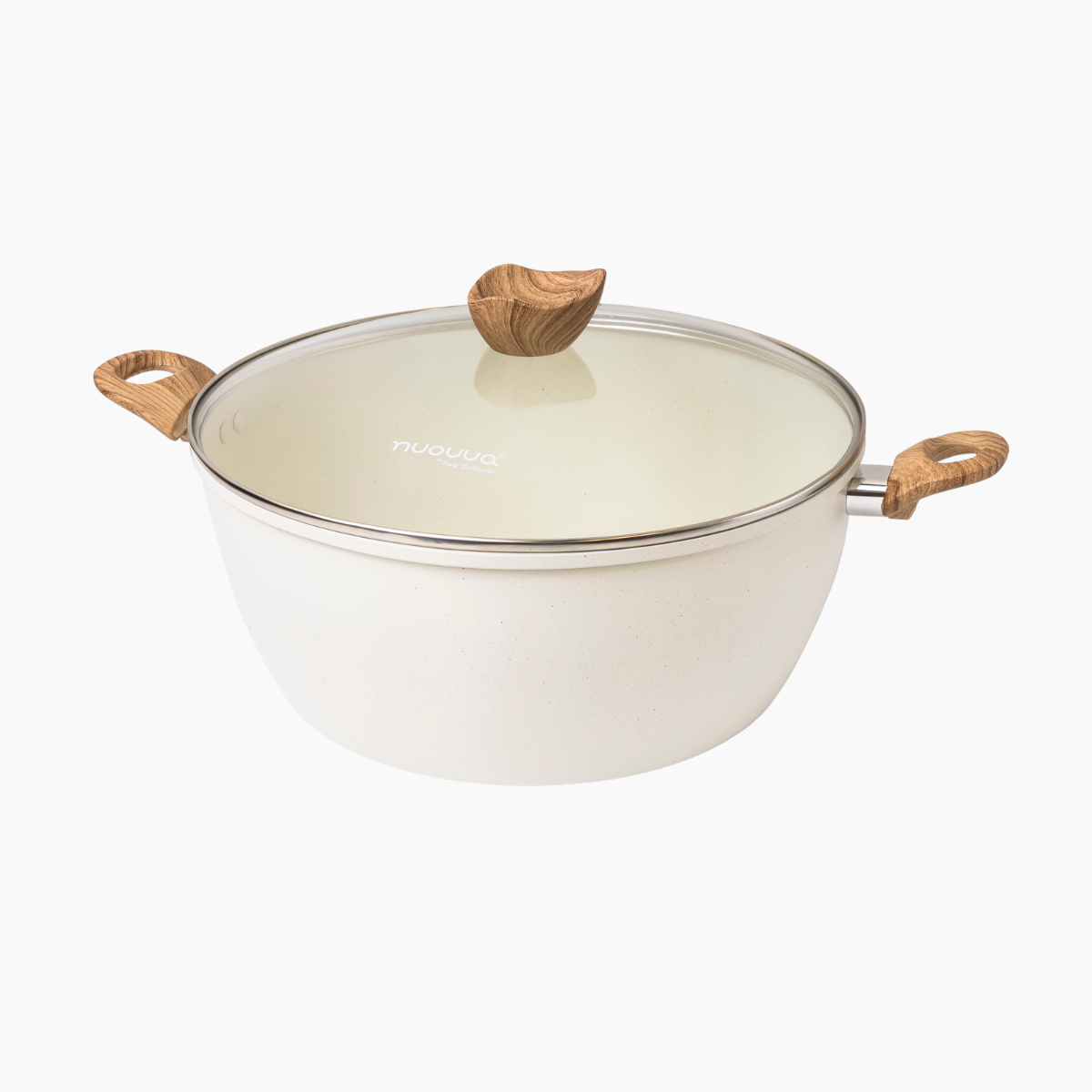 Nuovva cream stockpot with glass lid, wooden handles and a wooden knov