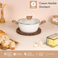 2 piece cream marble stockpot with non-stick marble coating and induction compatible base. 