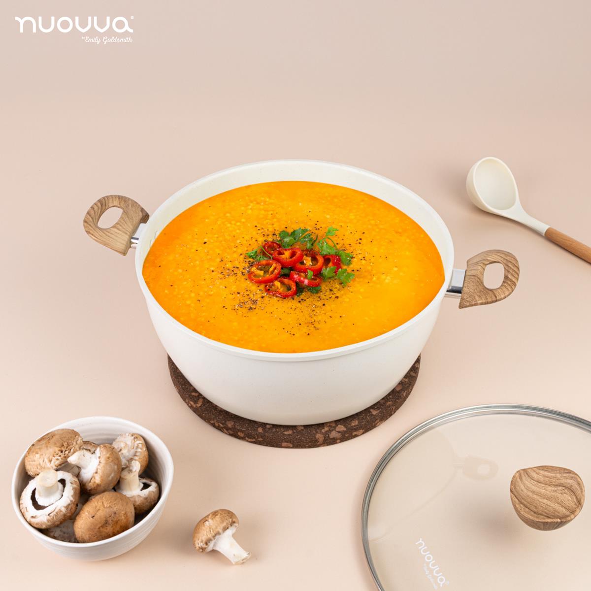 nuovva cream granite stockpot with wooden handles, glass lid and cream utensil for easy home cooking. 