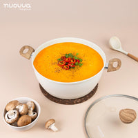 nuovva cream granite stockpot with wooden handles, glass lid and cream utensil for easy home cooking. 