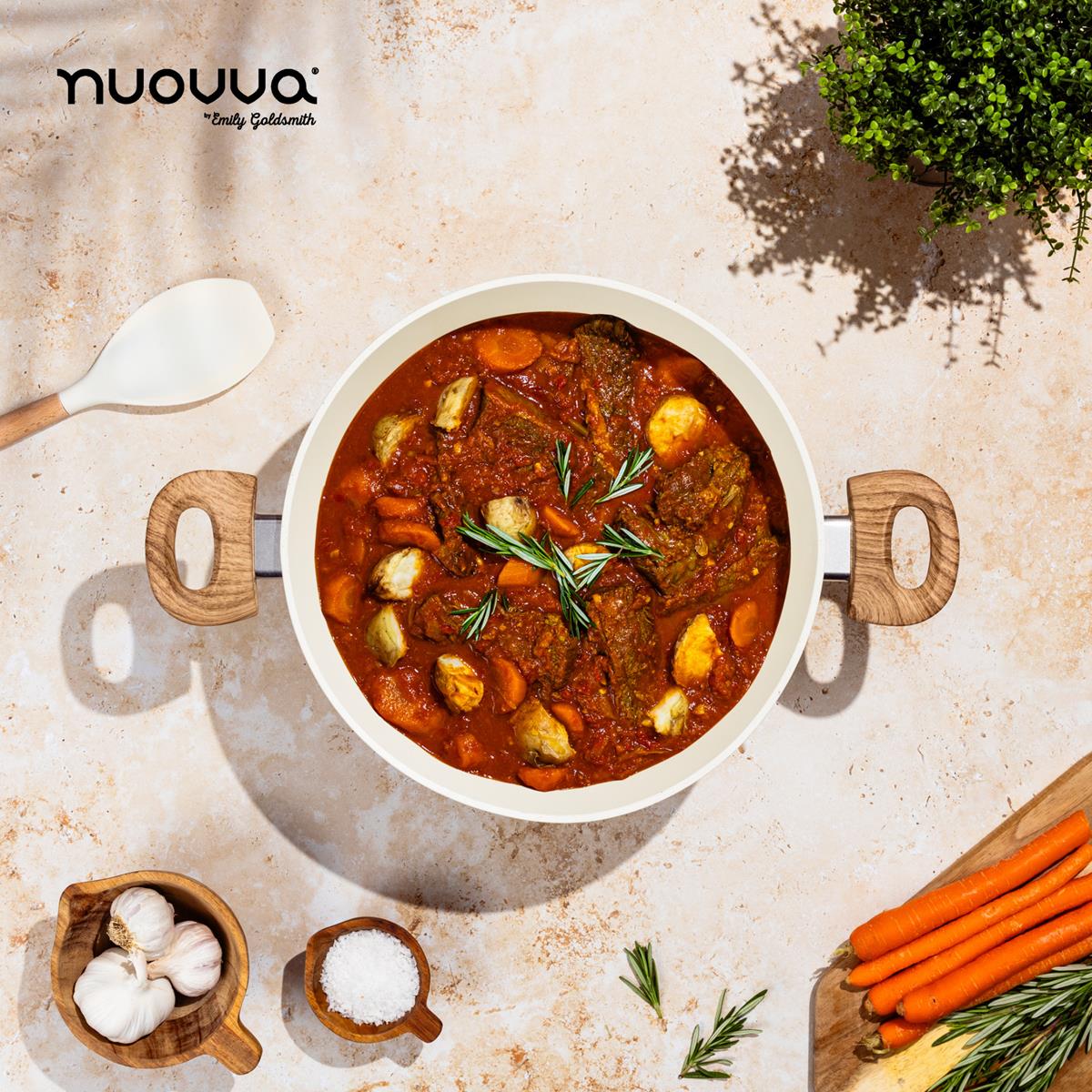 nuovva cream stockpot with wooden handle and utensil for easy home cooking