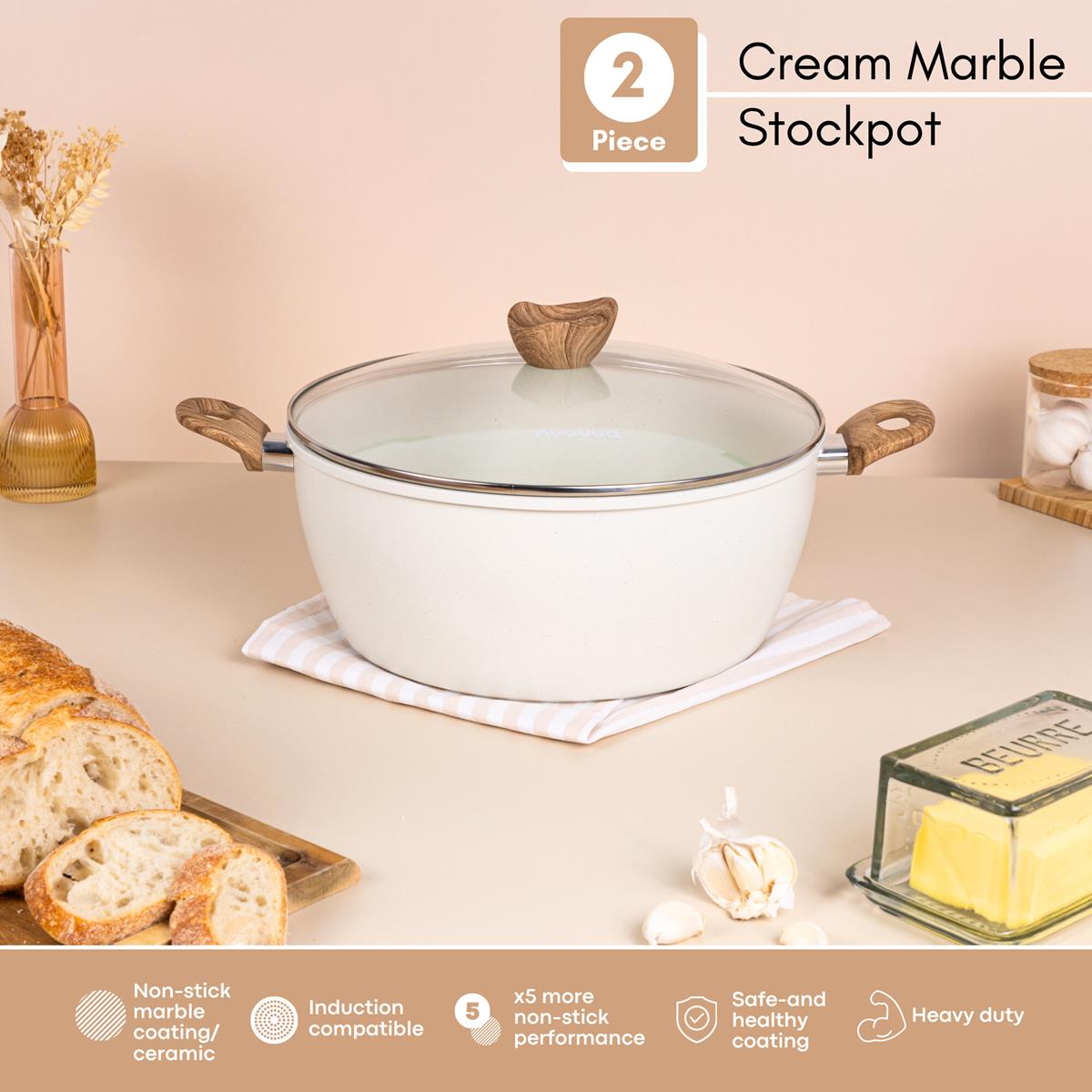 2 piece cream marble stockpot with non-stick ceramic coating, induction base and glass lid. 