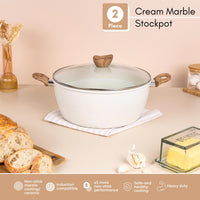 2 piece cream marble stockpot with non-stick ceramic coating, induction base and glass lid. 