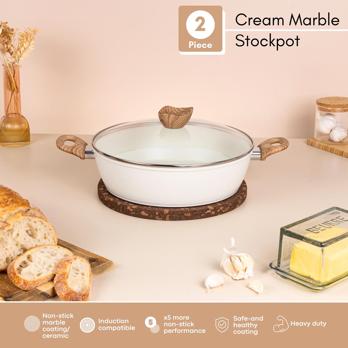 2pc cream marble stockpot with non-stick ceramic coating, non-stick interior and induction compatible base