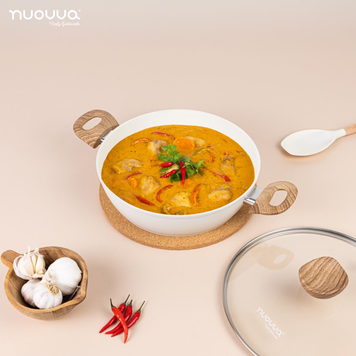 nuovva cream casserole pot with wooden handles, glass lid and cream utensil for easy home cooking