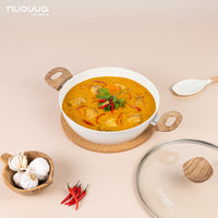 nuovva cream casserole pot with wooden handles, glass lid and cream utensil for easy home cooking