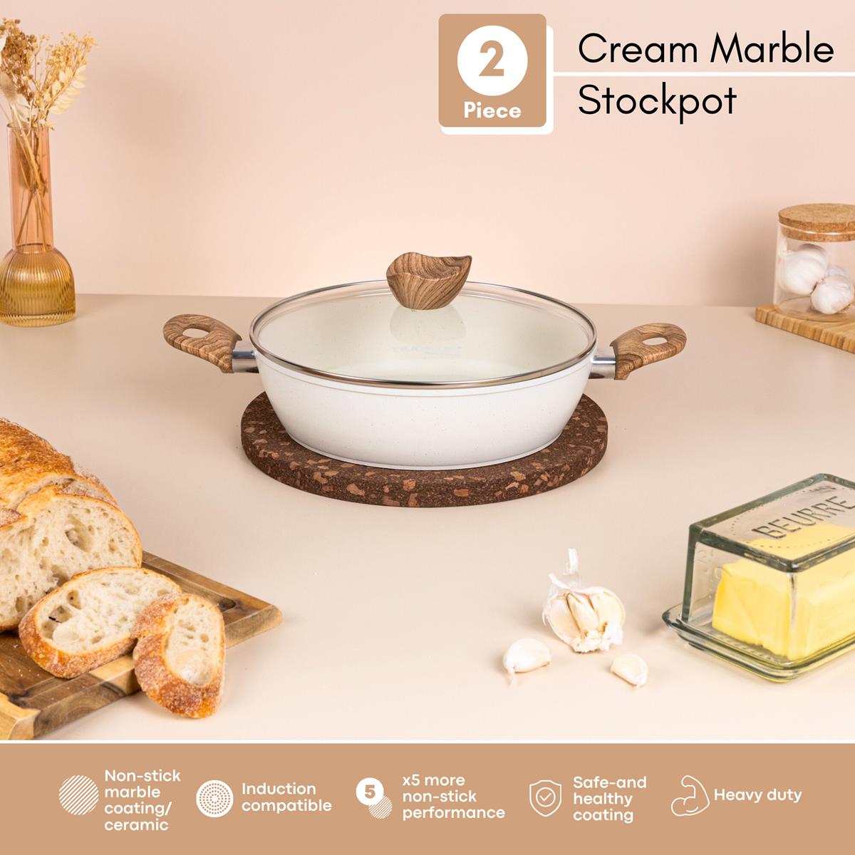2 piece cream marble stockpot with ceramic coating, induction compatible base and non-stick heavy duty performance. 