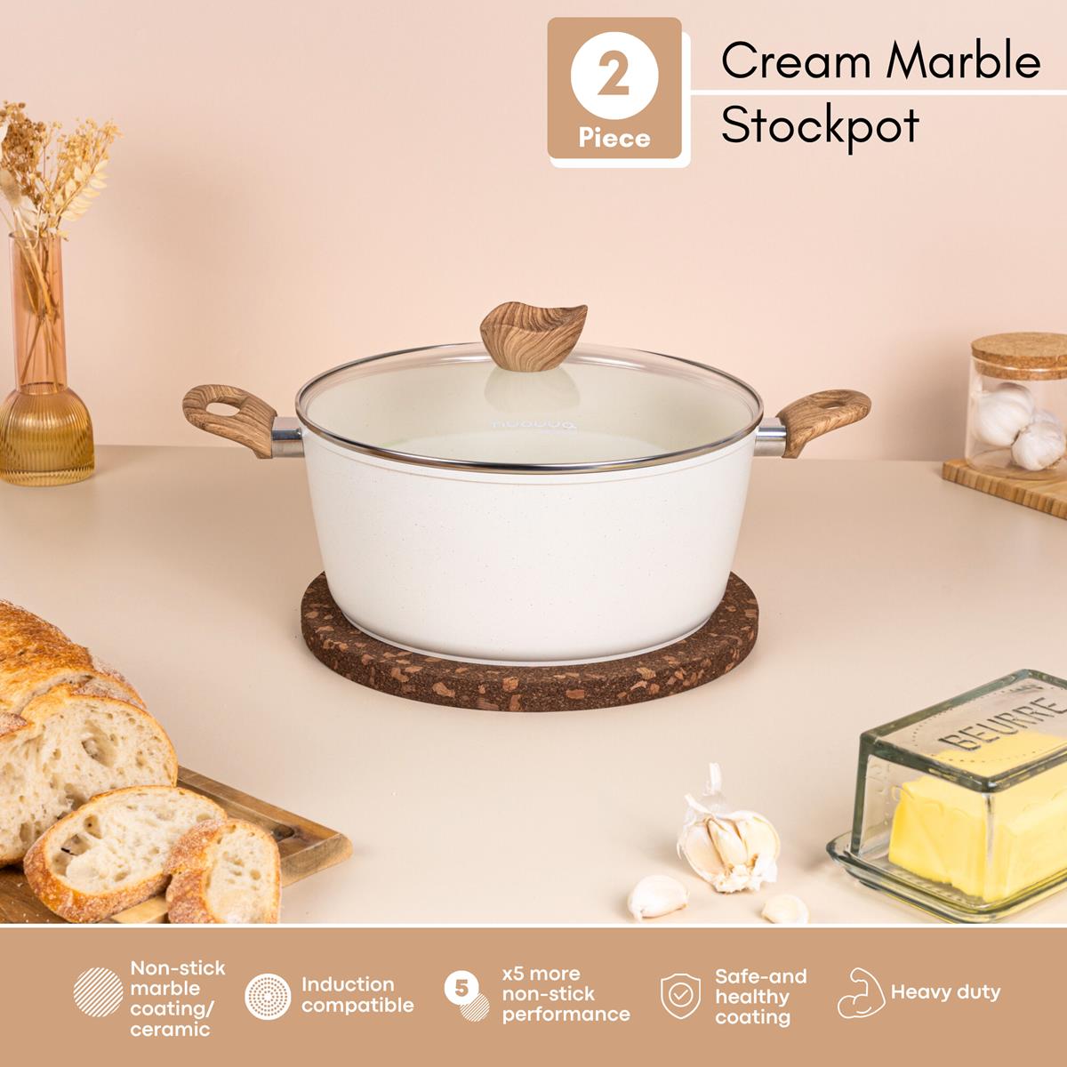 2 piece cream marble stockpot with ceramic non-stick coating, induction compatible base and a glass lid