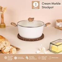 2 piece cream marble stockpot with ceramic non-stick coating, induction compatible base and a glass lid
