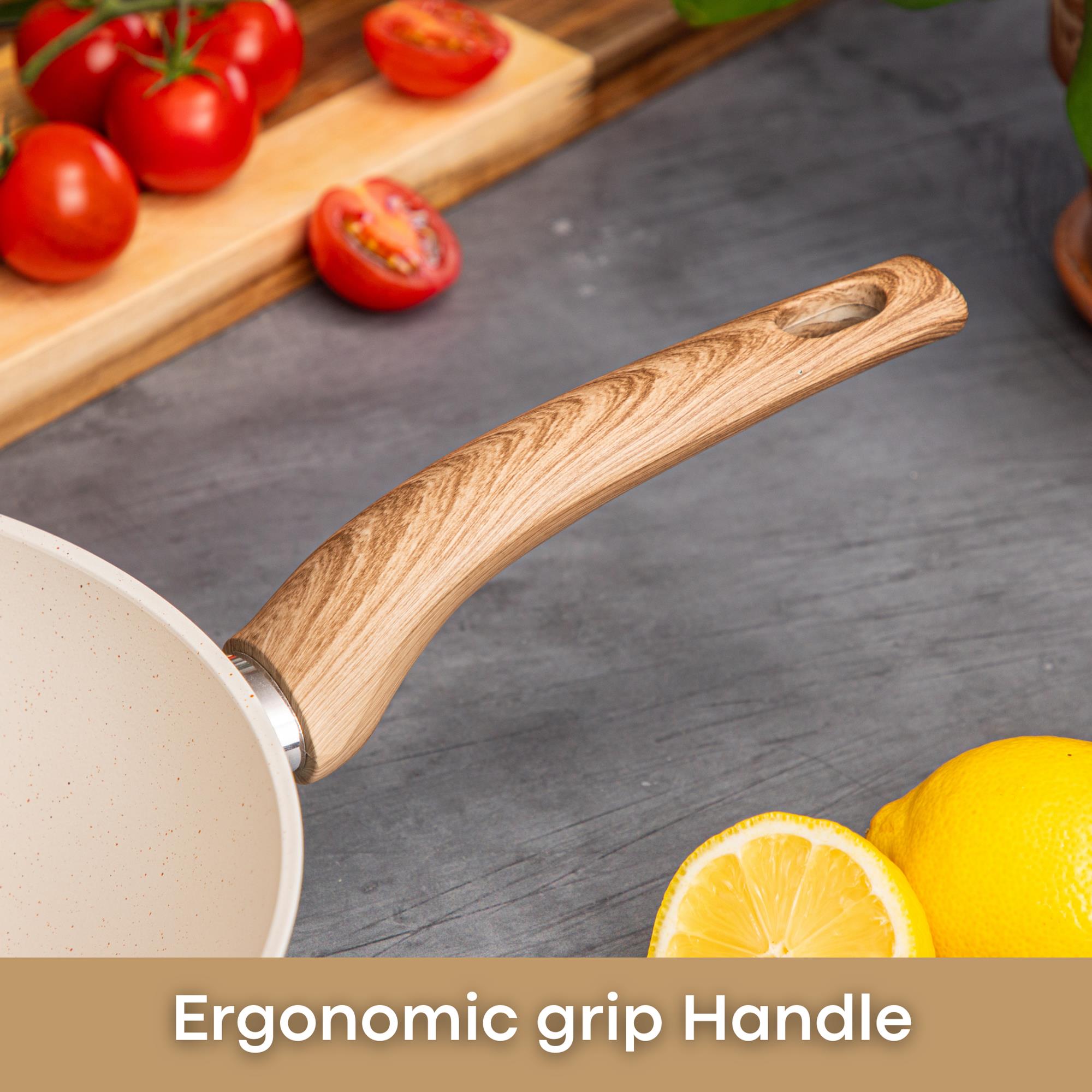 Cookware with ergonomic grip handle.