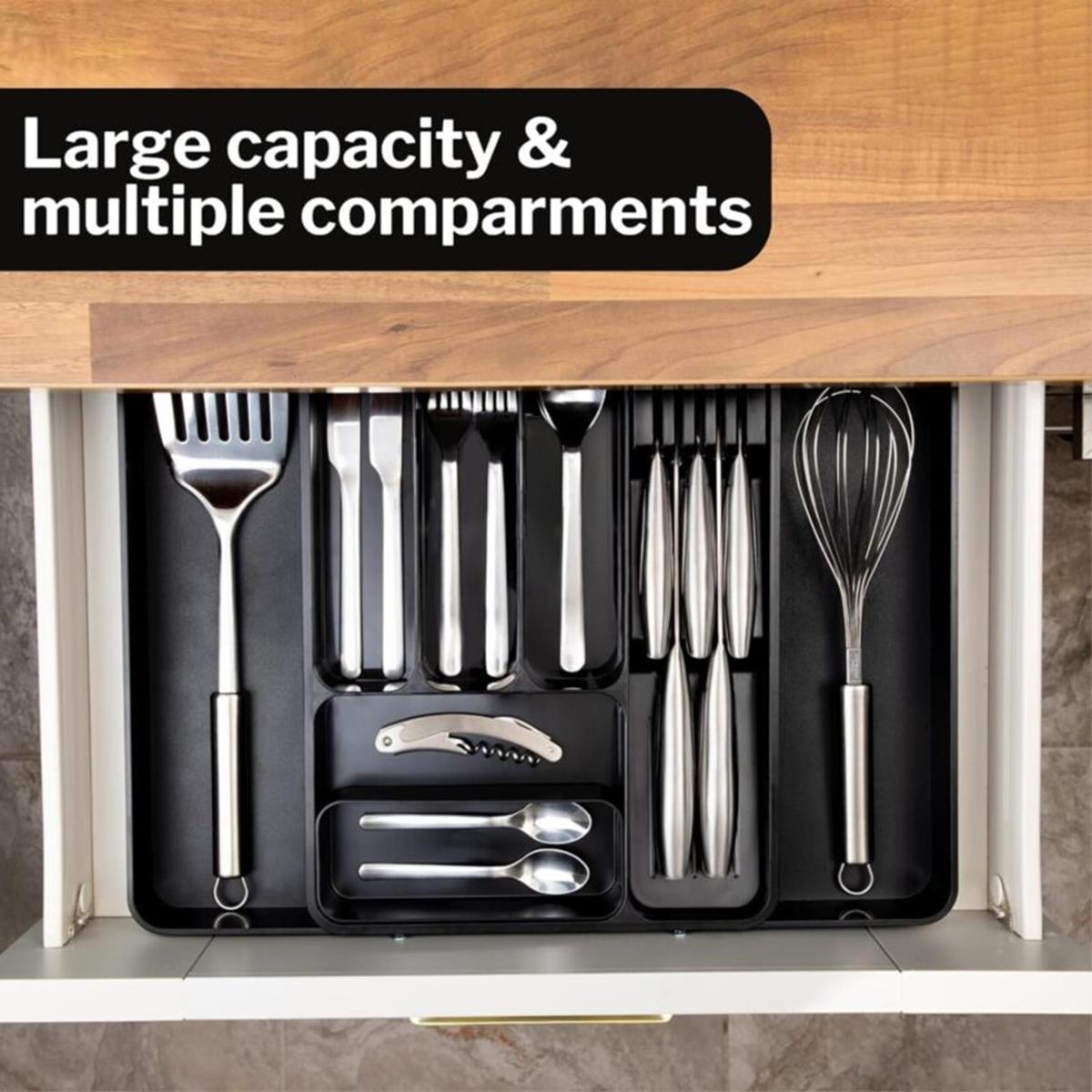 Adjustable cutlery drawer organizer with large capacity and multiple compartments.