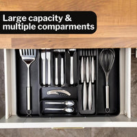 Adjustable cutlery drawer organizer with large capacity and multiple compartments.