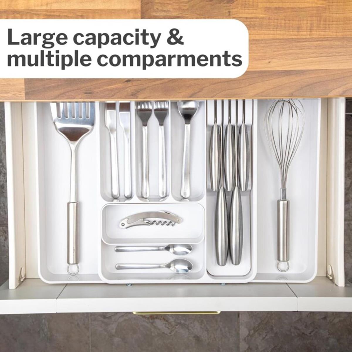 Adjustable cutlery drawer organizer with large capacity & multiple compartments
