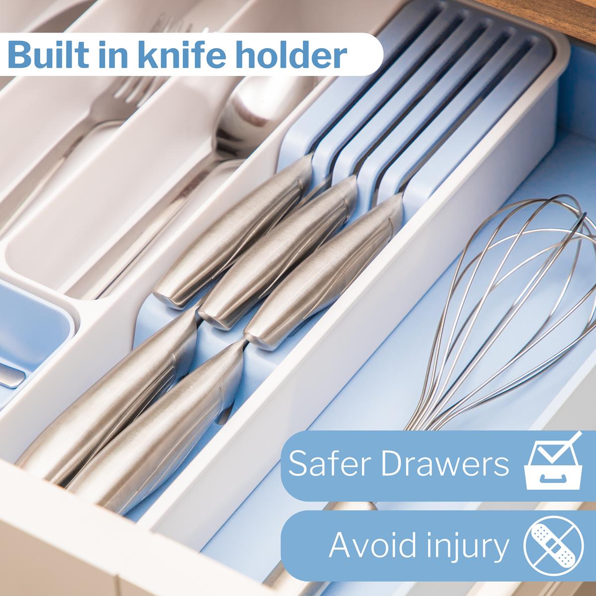 Adjustable cutlery drawer organizer with built in knife holders for safer drawers and avoid injury, 