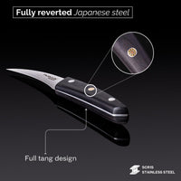 Nuovva Damascus paring knife with fully reverted Japanese steel and full tang design