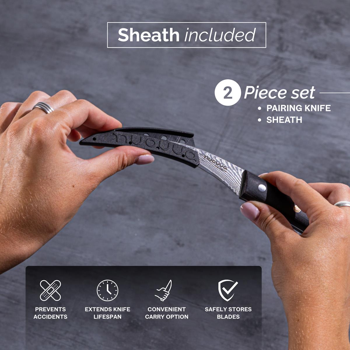 67 layered Damascus paring knife with protective sheath to prevent accidents, extend lifespan and safely store blades. 