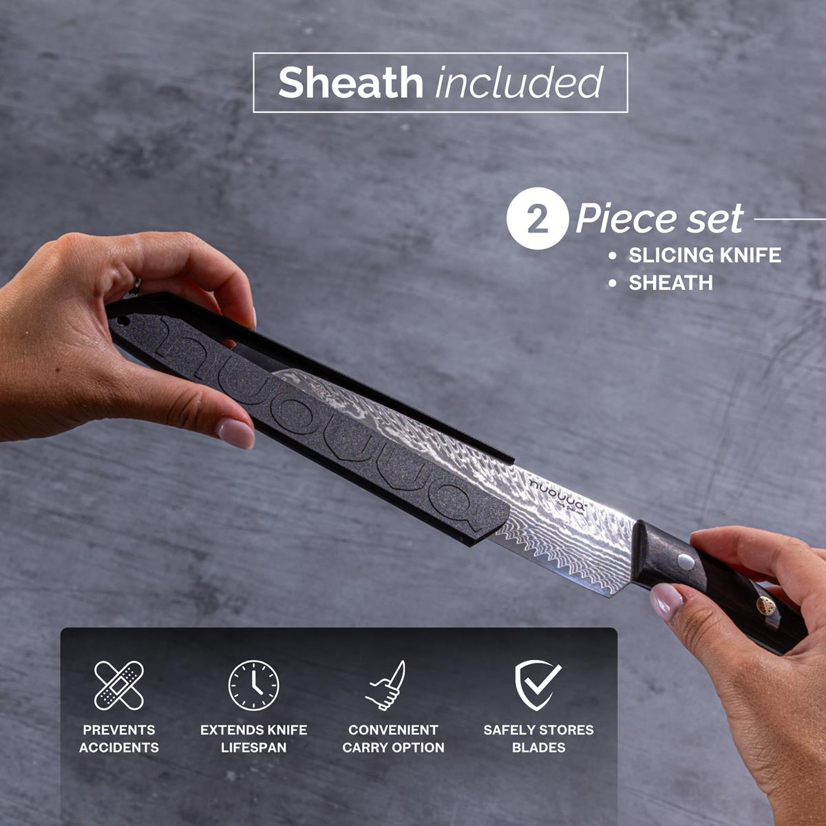 2pc Damascus steel slicing knife with protective sheath to prevent accidents, extend lifespan and safely store blades for convenient carry option 