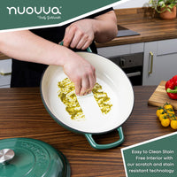 Nuovva dark green casserole dish with easy to clean, stain free interior with lid for compact easy cooking and cleaning. 