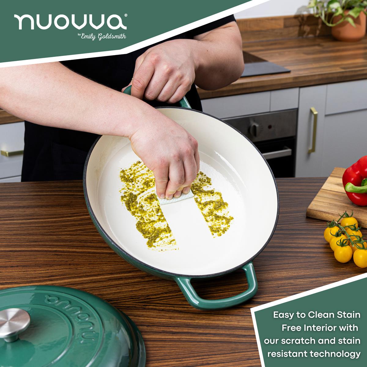 Nuovva dark green easy to clean cast iron casserole pot with a stain-free, scratch free casserole pot with lid for easy cookware maintenance. 