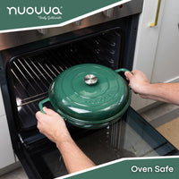 Nuovva dark green shallow cast iron casserole pot with lid, oven safe cookware. 