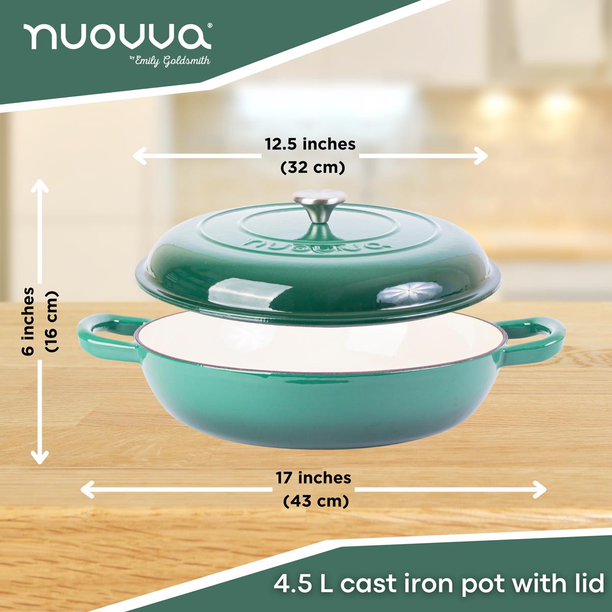 Nuovva dark green shallow 4.5L cast iron casserole pot with lid.
