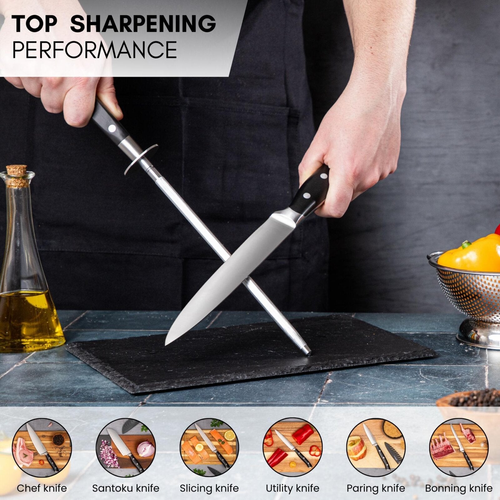 Nuovva diamond steel kitchen knife sharpener rod with top sharpening performance