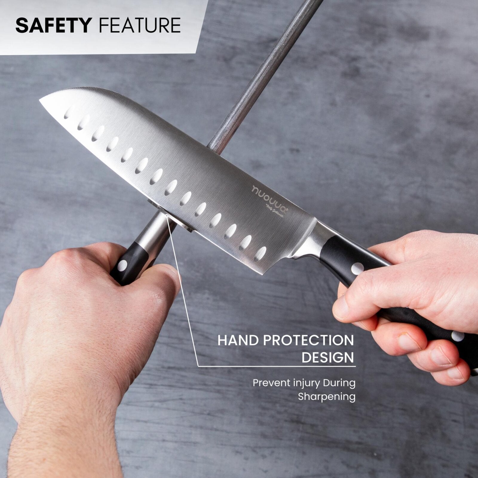 Nuovva diamond steel knife sharpening rod with hand protection design to prevent injury during sharpening. 