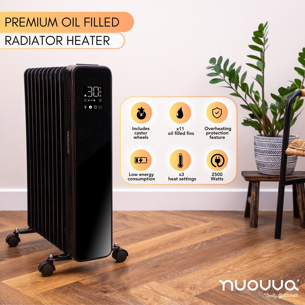 Premium oil-filled radiator heater with touchscreen, wheels, overheating protection and more. 