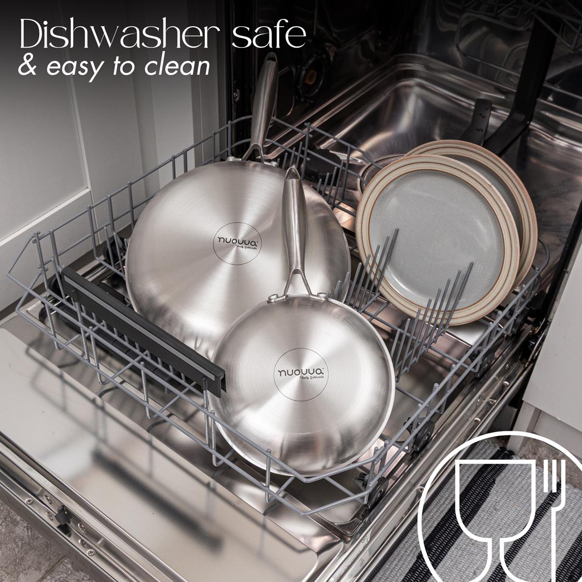Nuuovva stainless steel cfrying pan is safe in dishwasher and easy to clean