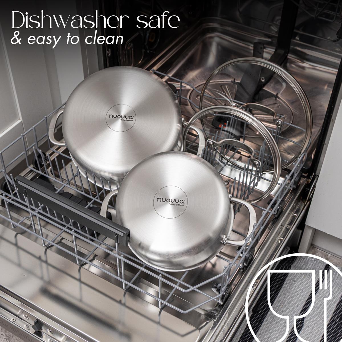 Dishwasher safe stainless steel cookware with glass lids