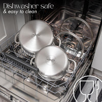 Dishwasher safe stainless steel cookware with glass lids