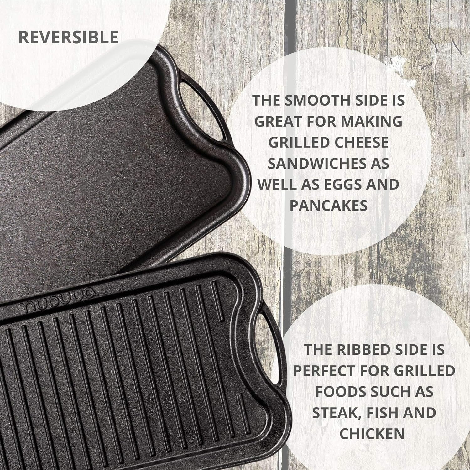 Reversible griddle plate with ribbed side and smooth surface