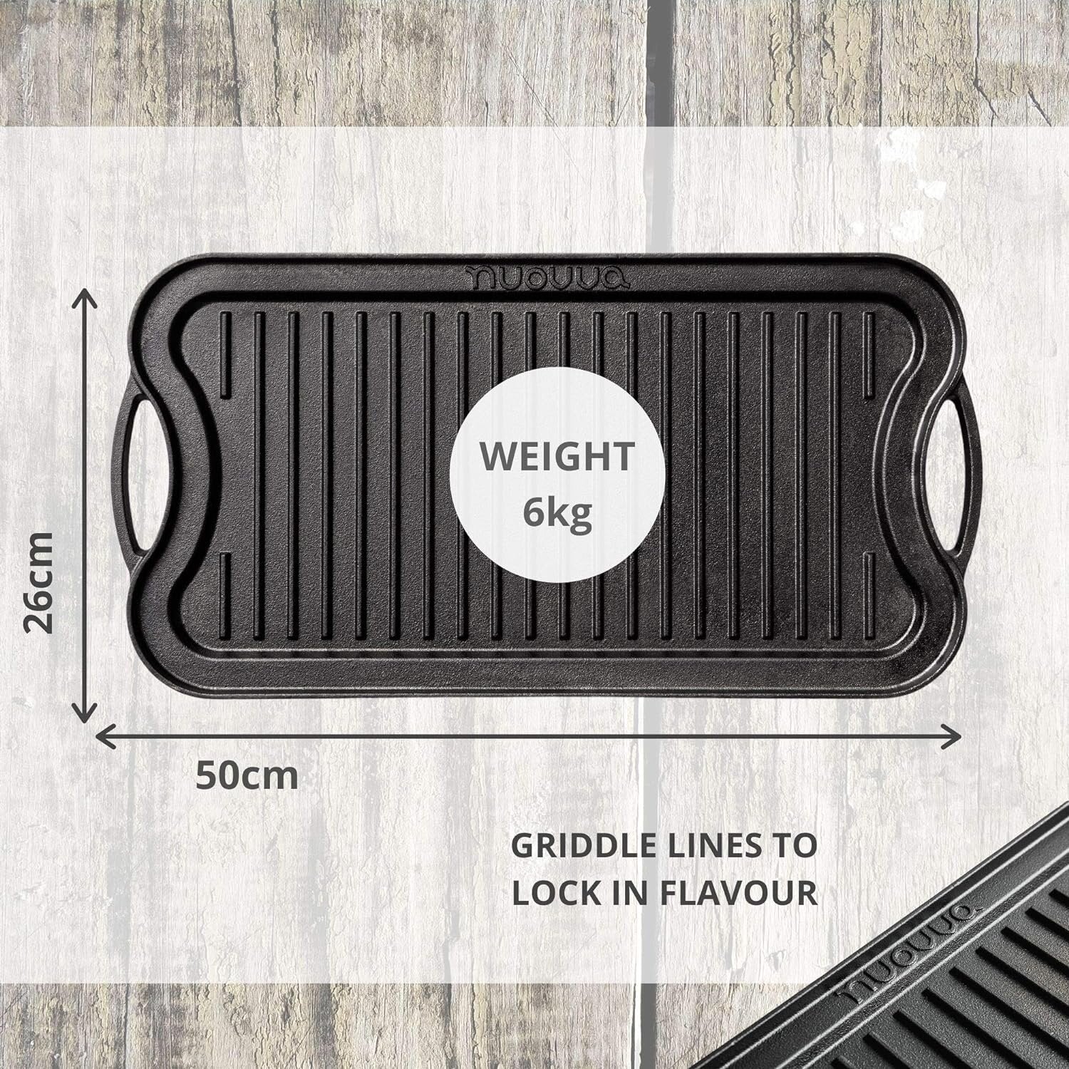 Nuovva double sided cast iron griddle plate is 50 x26cm with a weight of 6kg