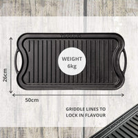 Nuovva double sided cast iron griddle plate is 50 x26cm with a weight of 6kg
