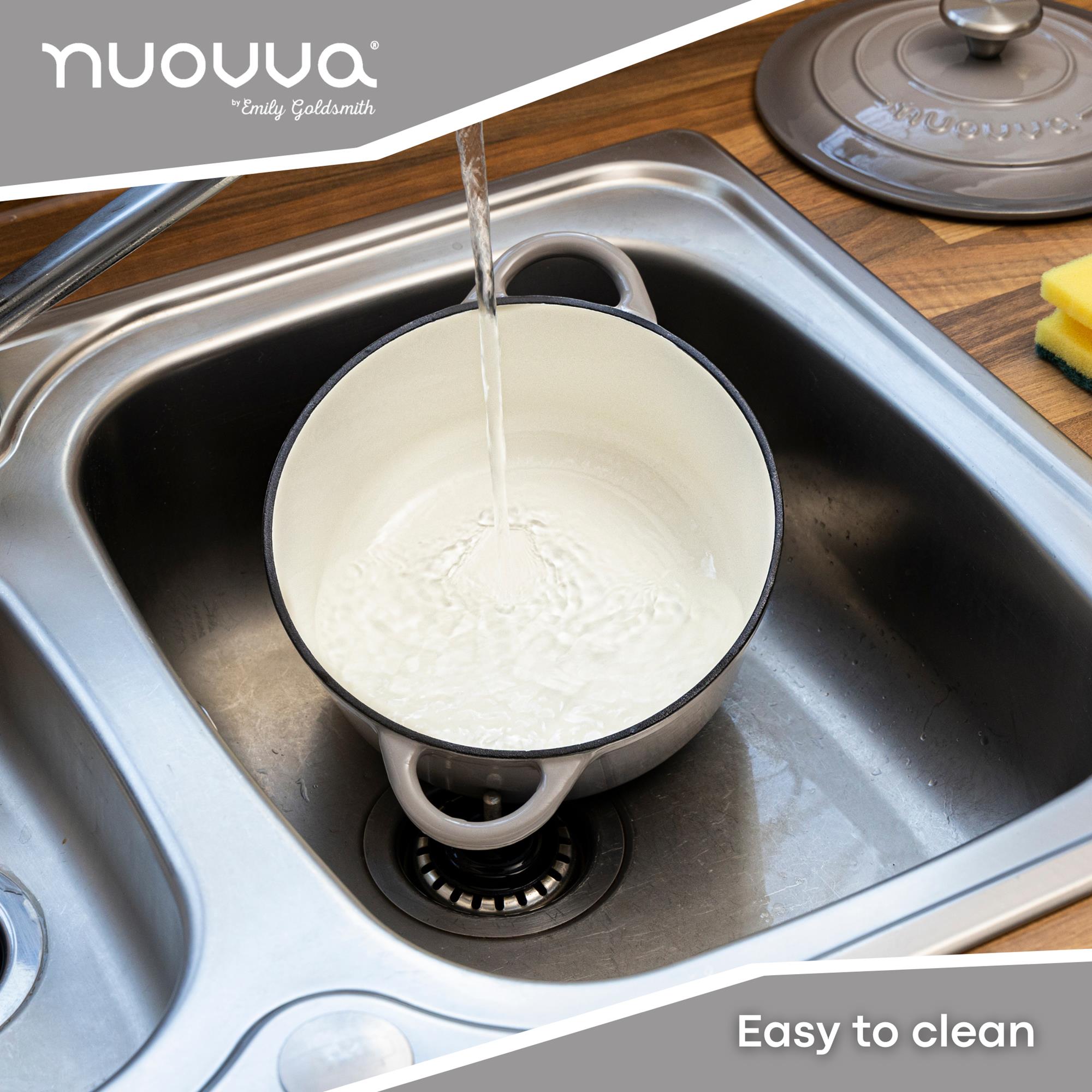 nuovva grey cast iron casserole pot with white interior which is easy to clean