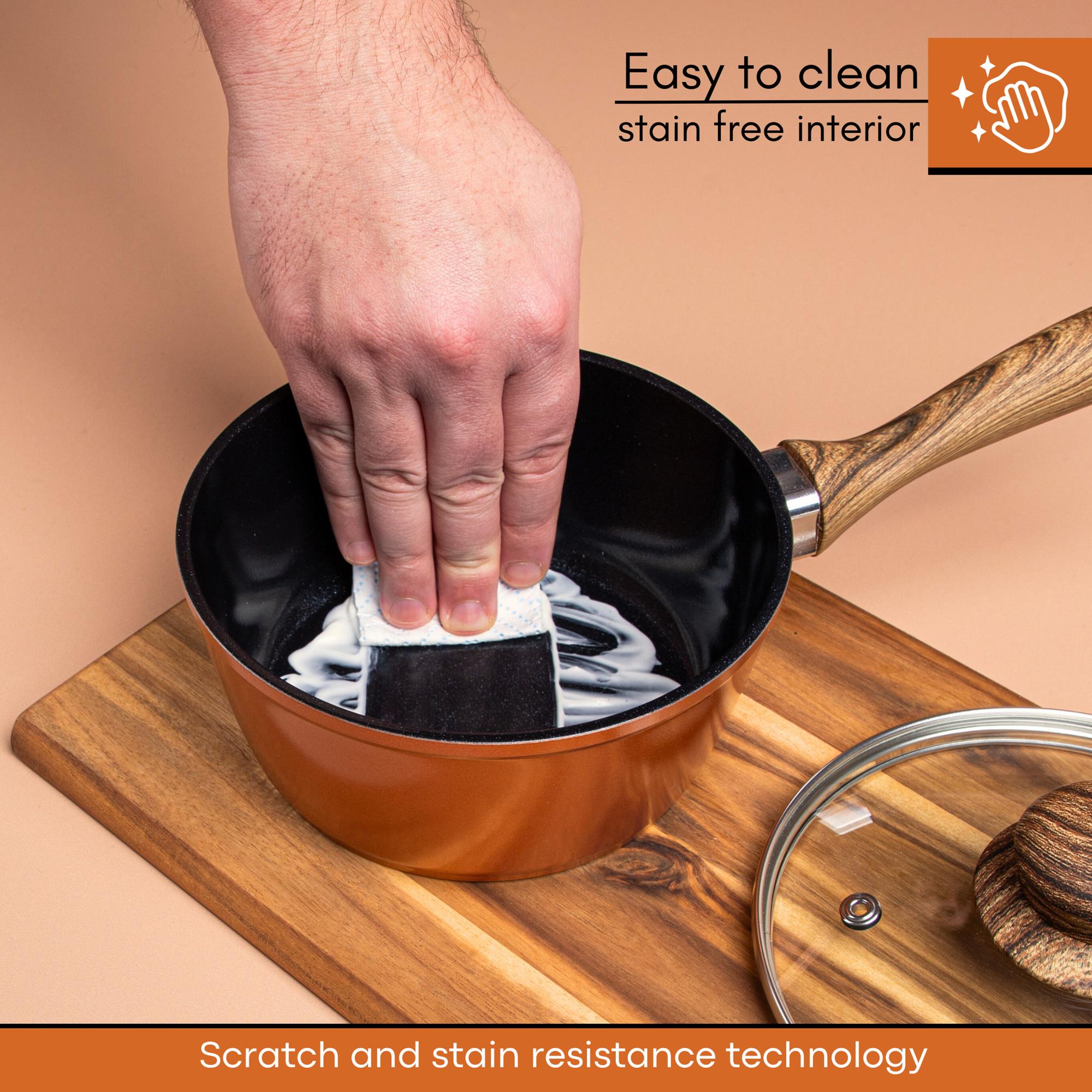 Easy to clean stain free interior copper saucepan with scratch and stain resistance technology