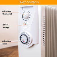 White parable thermostat with easy controls including adjustable thermostat, 2 heat settings and an adjustable timer. 