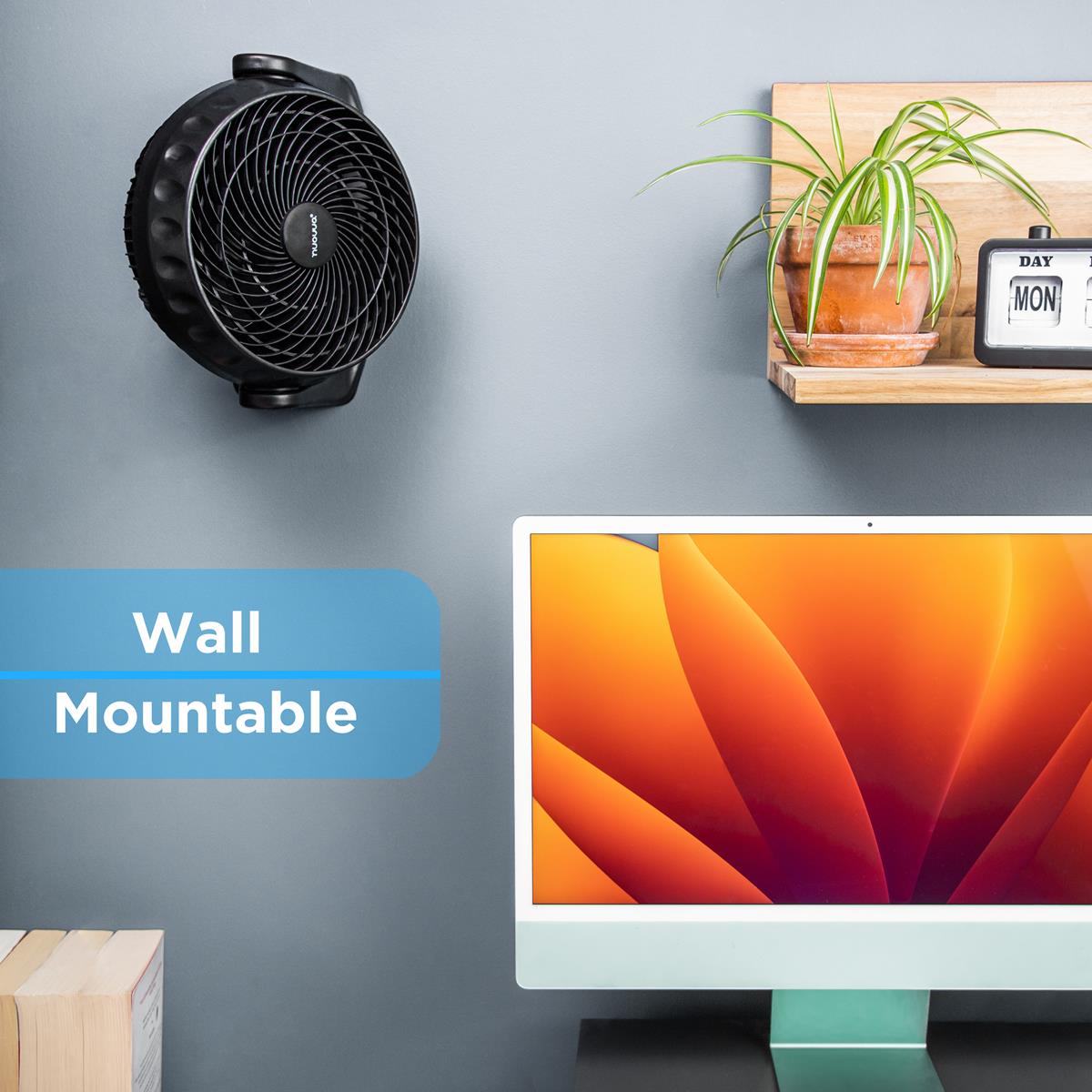 Black turbo wall mountable fan for office cooling. 