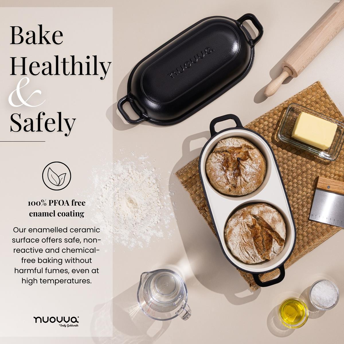 Bake healthily & safely with nuovva cast iron bread loaf pan with double compartments and chemical free enamel coating