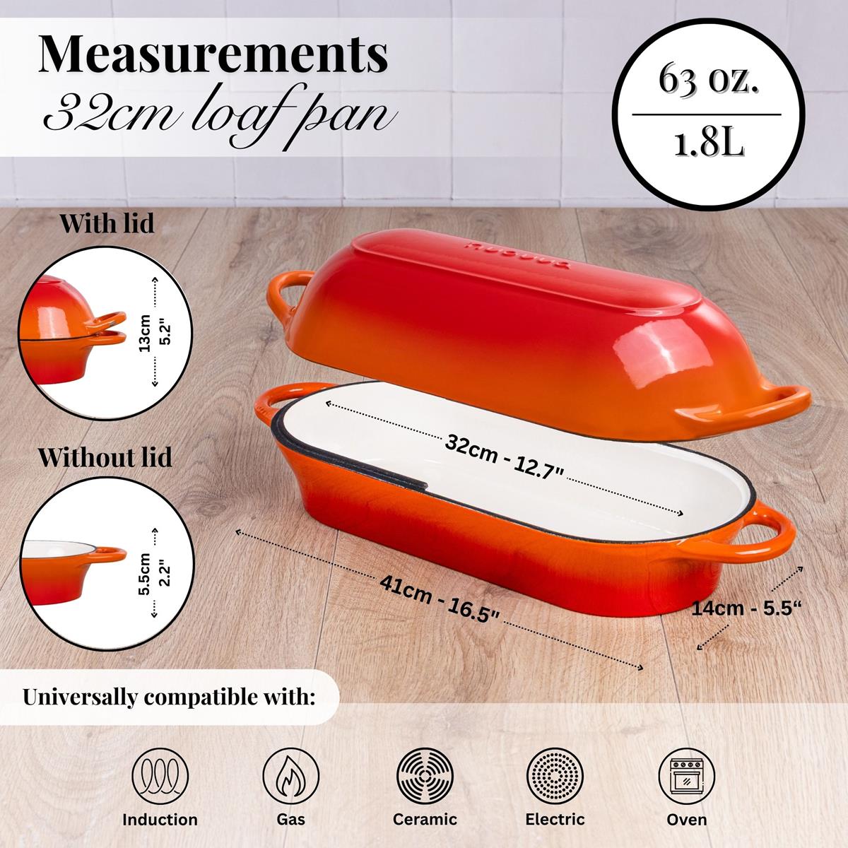 Orange 32cm loaf pan with lid, cookware compatible on induction, gas, electric and even oven baking. 