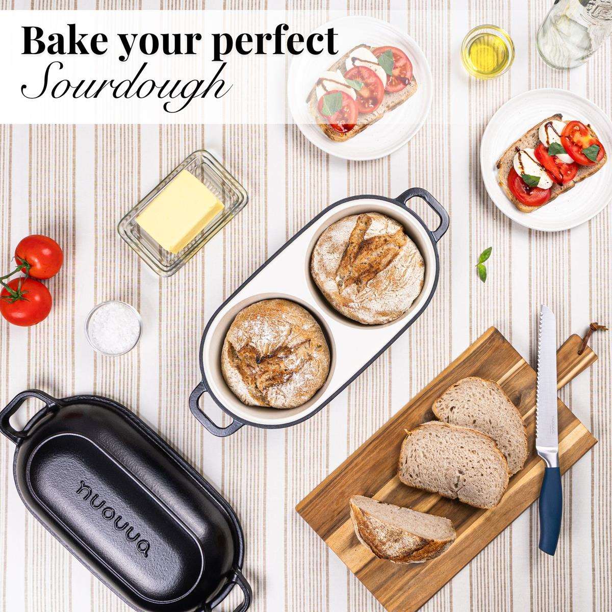 Bake your perfect sourdough with nuovva cast iron bread loaf pan with double bread compartment. 
